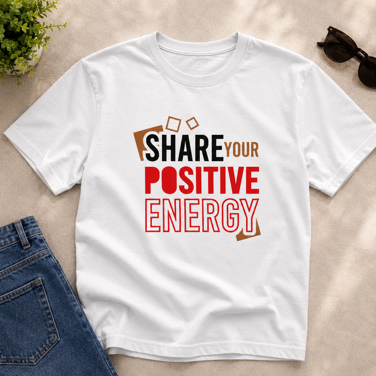 Share Your Positive Energy Printed T-Shirt – Motivational Graphic Tee, Premium Cotton Unisex Casual Wear, Inspirational Quote Shirt, Trendy White Round Neck T-Shirt