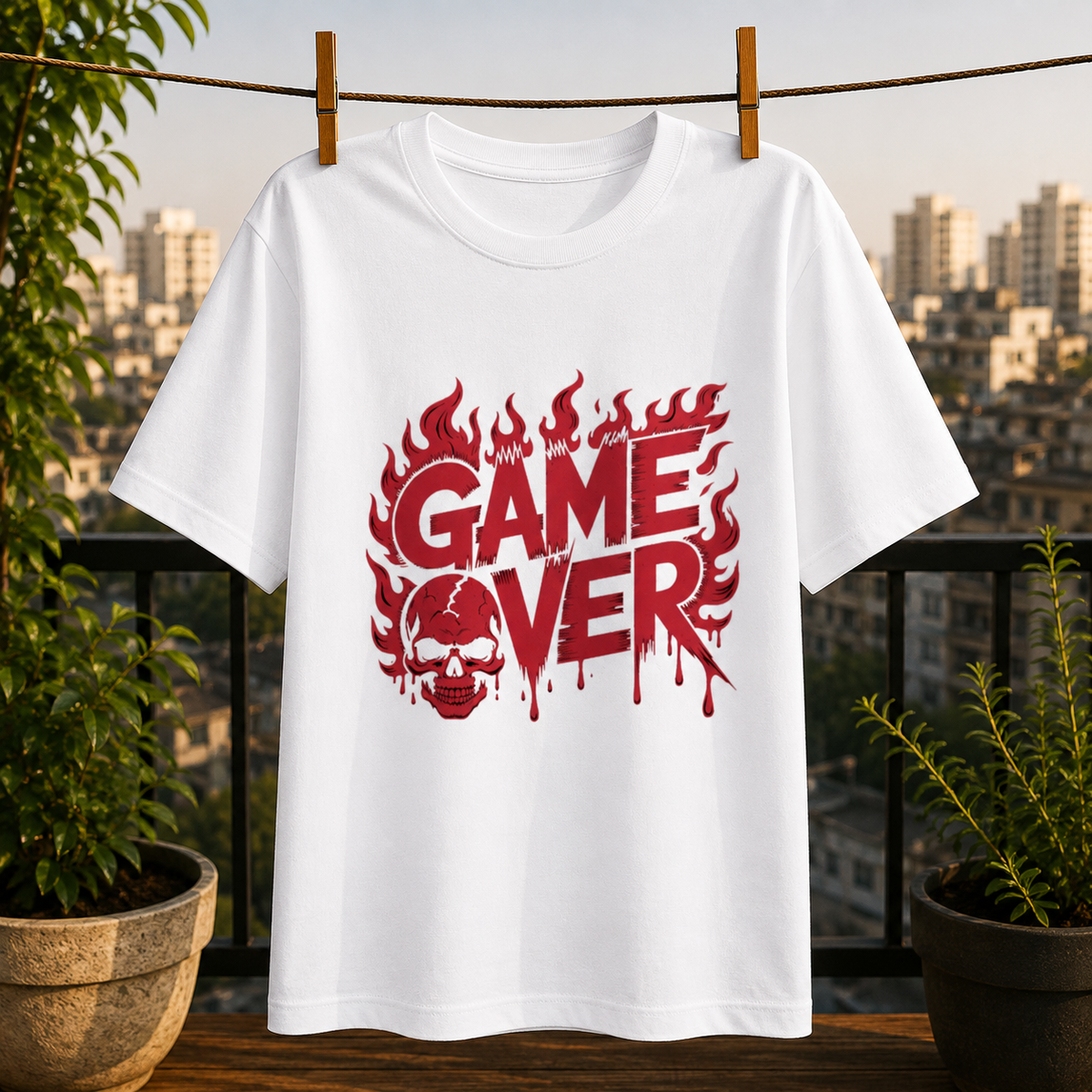 Game Over Skull Graphic Printed Black T-Shirt for Men & Women – Gothic Gamer Horror Design Round Neck Half Sleeves Cotton Casual Streetwear Unisex Tee