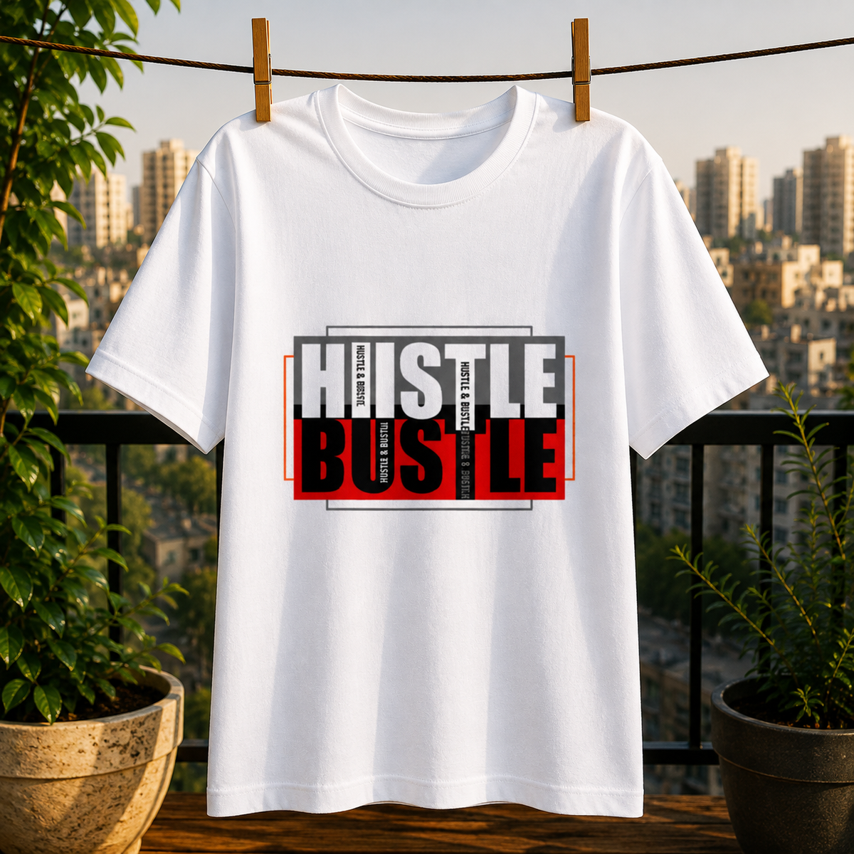 Hustle Bustle Graphic T-Shirt for Men & Women, Motivational Streetwear Tee, Casual Cotton Printed T Shirt, Trendy Typography Design Shirt, Stylish Everyday Wear Clothing