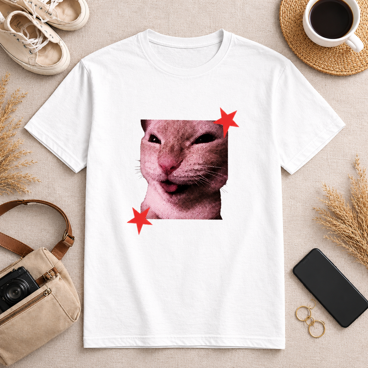 Funny Cat Graphic Printed Black T-Shirt for Men & Women – Cute Meme Cat Face Design Round Neck Half Sleeves Casual Streetwear Unisex Tee