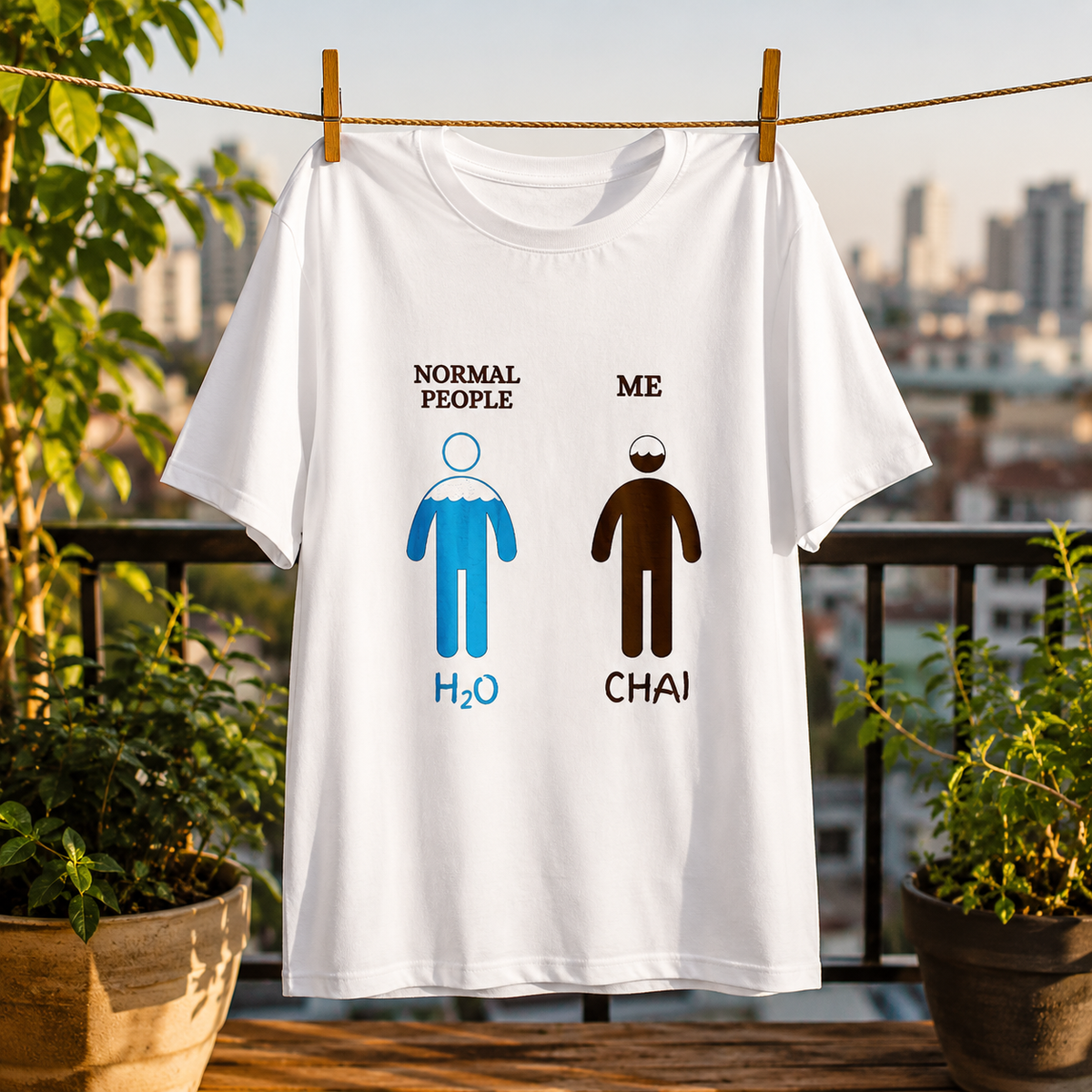 Funny Chai Lover Graphic Printed White T-Shirt for Men & Women – “Normal People H2O Me Chai” Humor Design Round Neck Half Sleeves Cotton Casual Tee