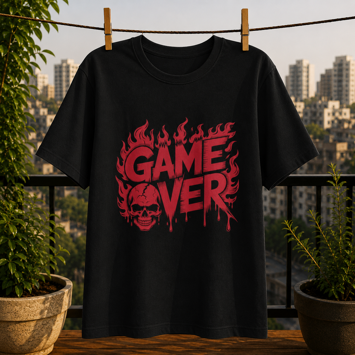 Game Over Skull Graphic Printed Black T-Shirt for Men & Women – Gothic Gamer Horror Design Round Neck Half Sleeves Cotton Casual Streetwear Unisex Tee