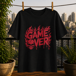 Game Over Skull Graphic Printed Black T-Shirt for Men & Women – Gothic Gamer Horror Design Round Neck Half Sleeves Cotton Casual Streetwear Unisex Tee
