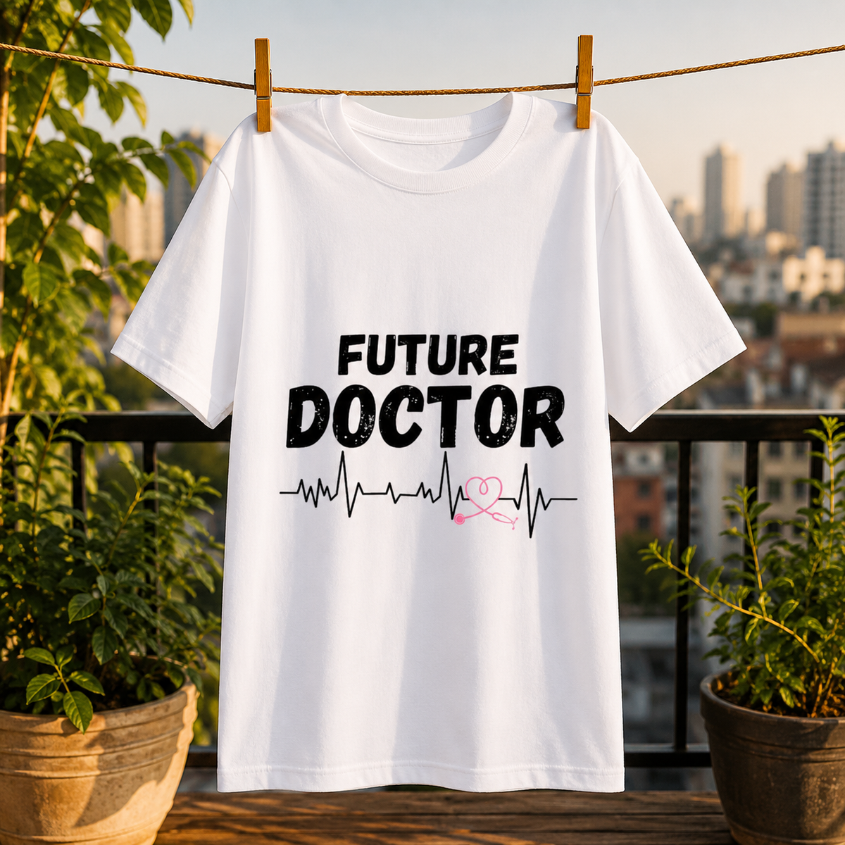 Future Doctor Graphic Printed White T-Shirt for Men & Women – Medical Student Heartbeat Stethoscope Design Round Neck Half Sleeves Cotton Casual Tee