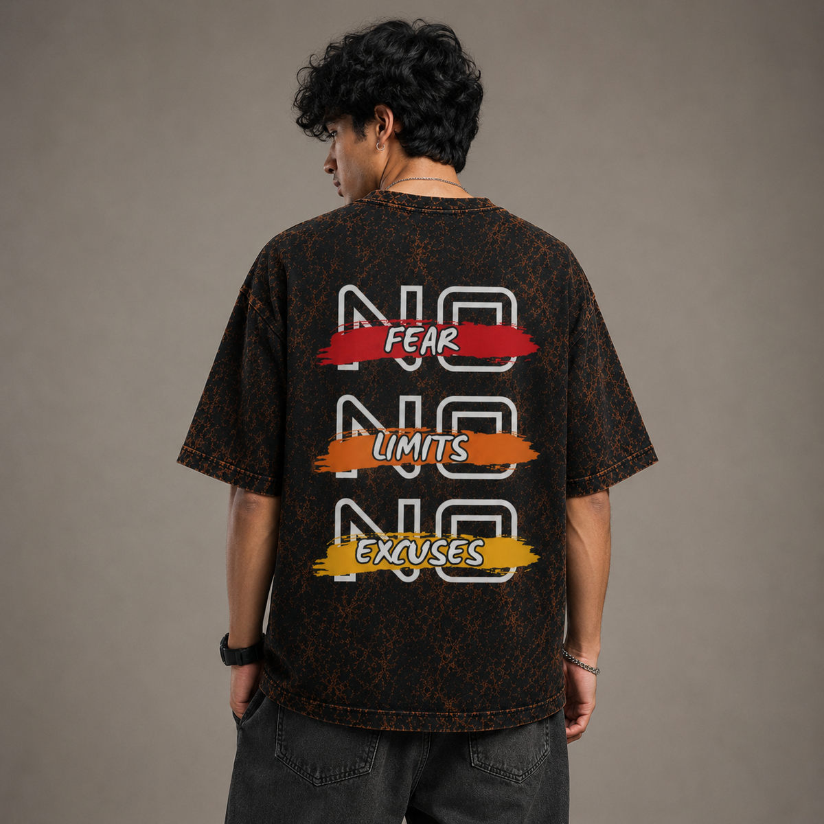 No Fear No Limits No Excuses Oversized Acid Wash T-Shirt for Men | Streetwear Graphic Tee