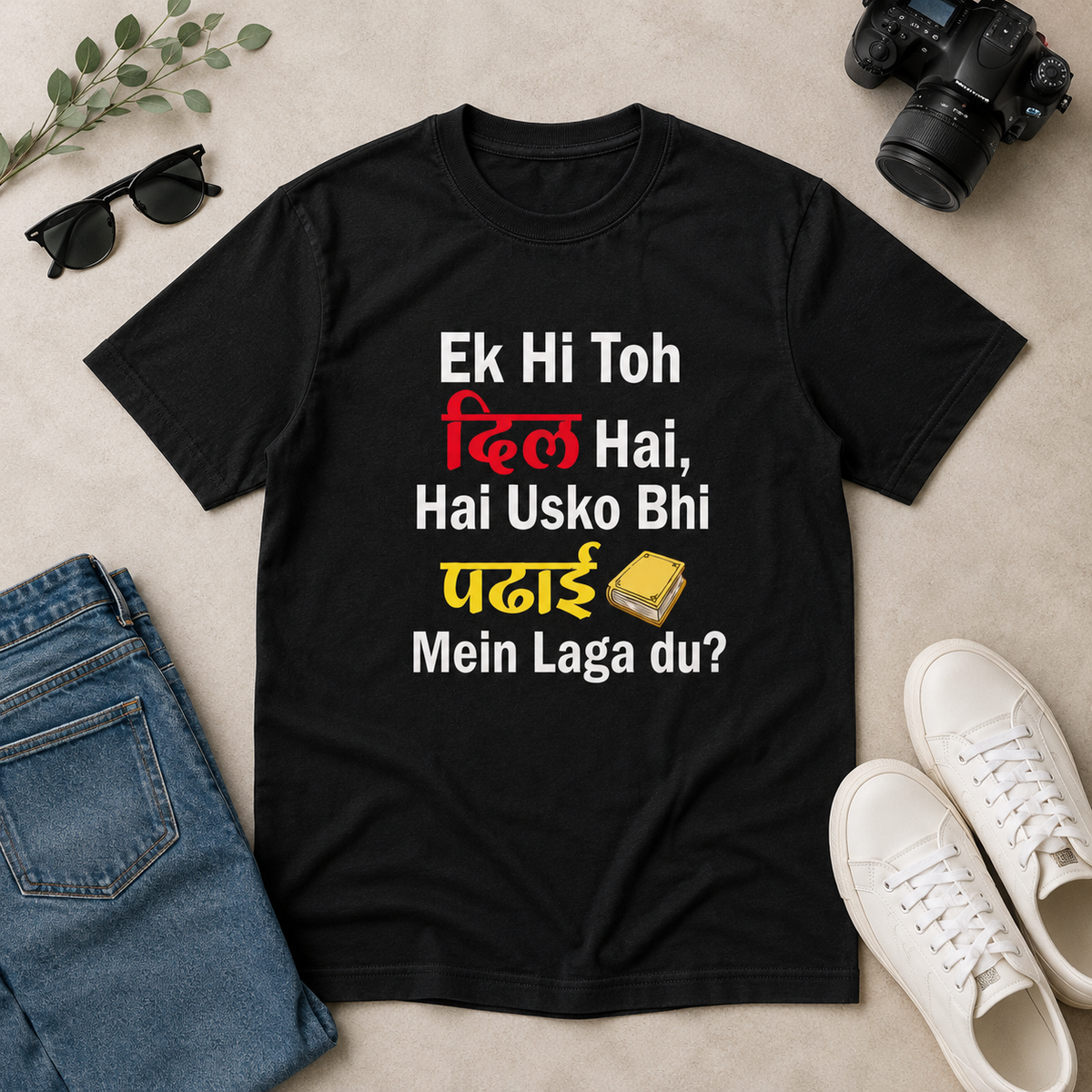 Funny Hindi Quote T-Shirt Ek Hi Toh Dil Hai Printed Tee for Men & Women, Humorous Graphic Cotton T Shirt, Casual Bollywood Style Typography Tee, Trendy Black Outfit Wear
