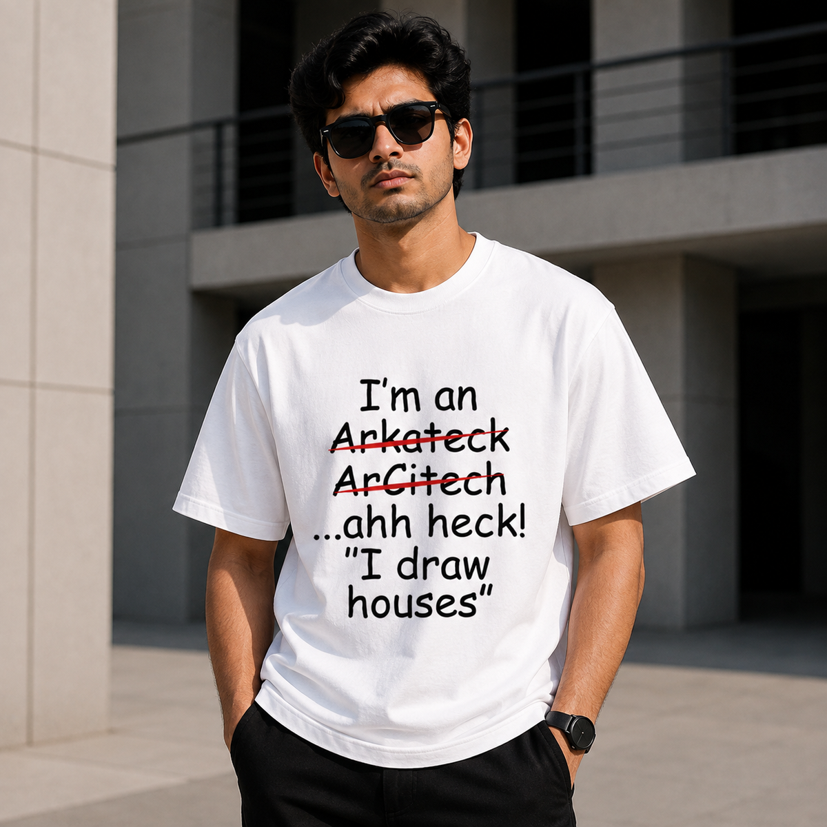 Funny Architect Quote Graphic Printed White T-Shirt for Men & Women – “I’m an Architect… I Draw Houses” Humor Design Round Neck Half Sleeves Cotton Casual Tee