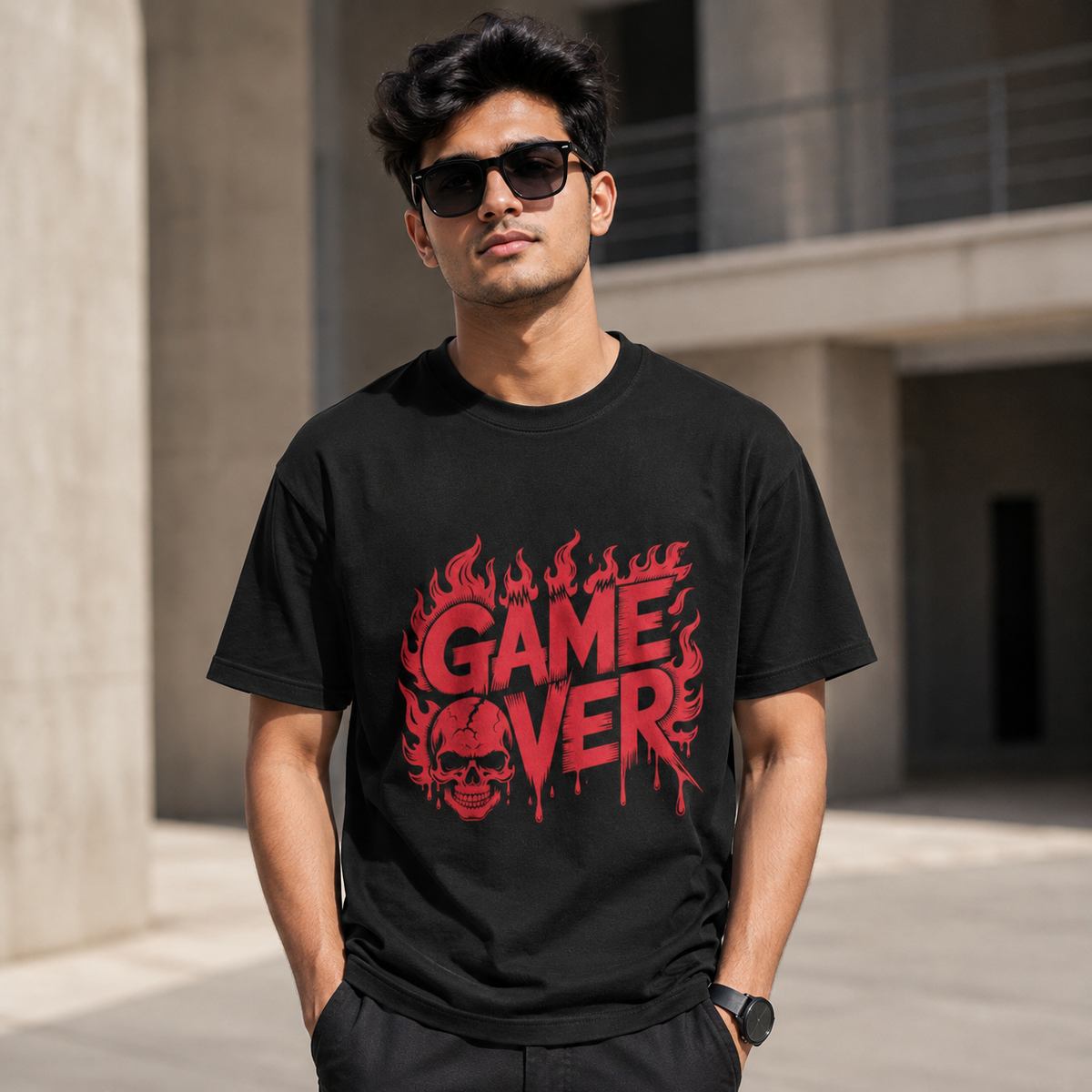 Game Over Skull Graphic Printed Black T-Shirt for Men & Women – Gothic Gamer Horror Design Round Neck Half Sleeves Cotton Casual Streetwear Unisex Tee