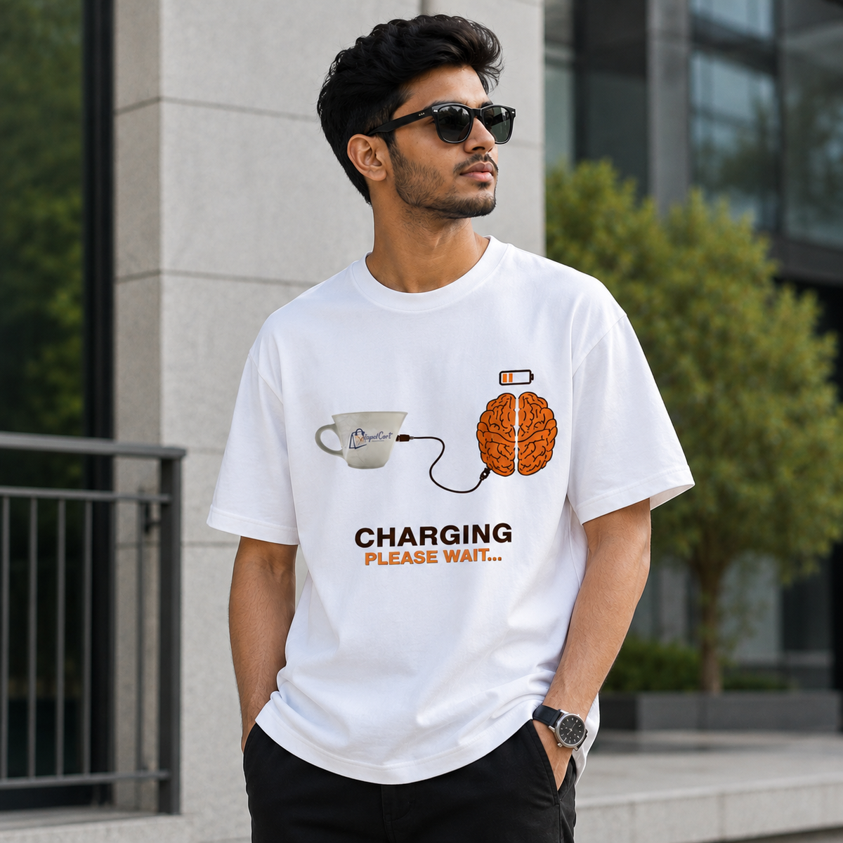 Charging Please Wait Graphic Printed White T-Shirt for Men & Women – Funny Coffee Brain Design Round Neck Half Sleeves Casual Cotton Tee Unisex Statement Top