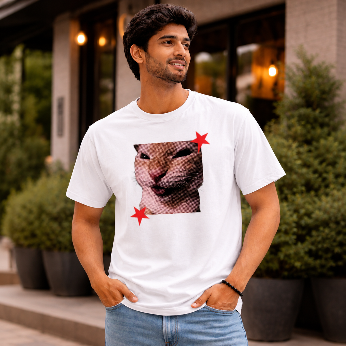 Funny Cat Graphic Printed Black T-Shirt for Men & Women – Cute Meme Cat Face Design Round Neck Half Sleeves Casual Streetwear Unisex Tee