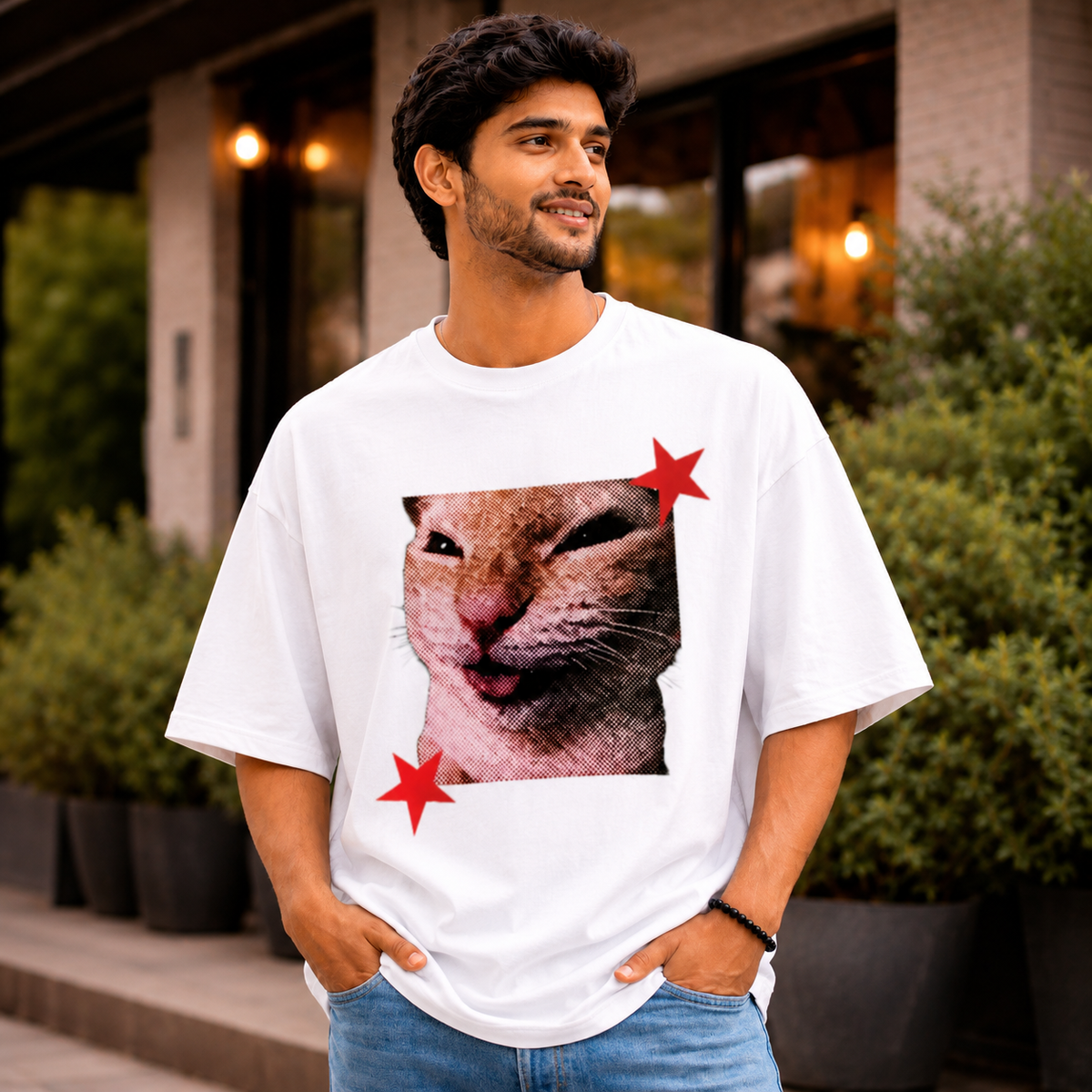 Funny Cat Graphic Printed White T-Shirt for Men & Women – Cute Meme Cat Face Design Round Neck Half Sleeves Cotton Casual Streetwear Unisex Tee