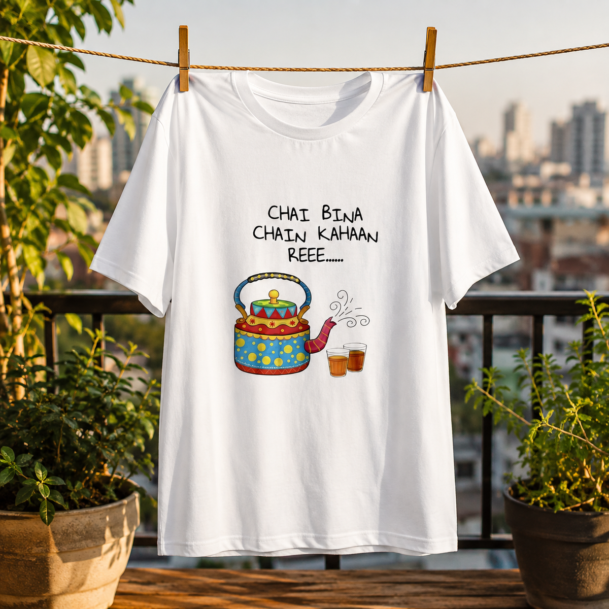 Chai Bina Chain Kahaan Reee Printed White T-Shirt for Men & Women – Funny Indian Chai Lover Graphic Round Neck Half Sleeves Cotton Casual Wear Tee