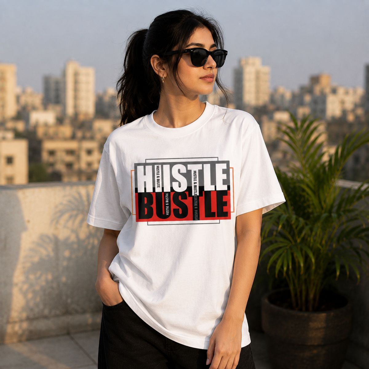 Hustle Bustle Graphic T-Shirt for Men & Women, Motivational Streetwear Tee, Casual Cotton Printed T Shirt, Trendy Typography Design Shirt, Stylish Everyday Wear Clothing