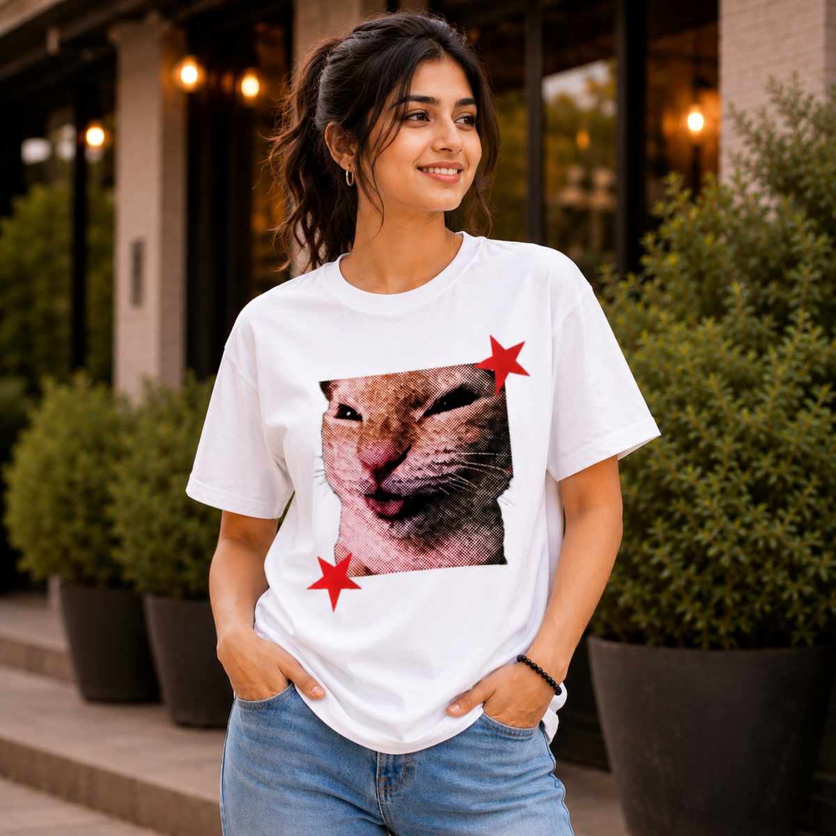 Funny Cat Graphic Printed White T-Shirt for Men & Women – Cute Meme Cat Face Design Round Neck Half Sleeves Cotton Casual Streetwear Unisex Tee