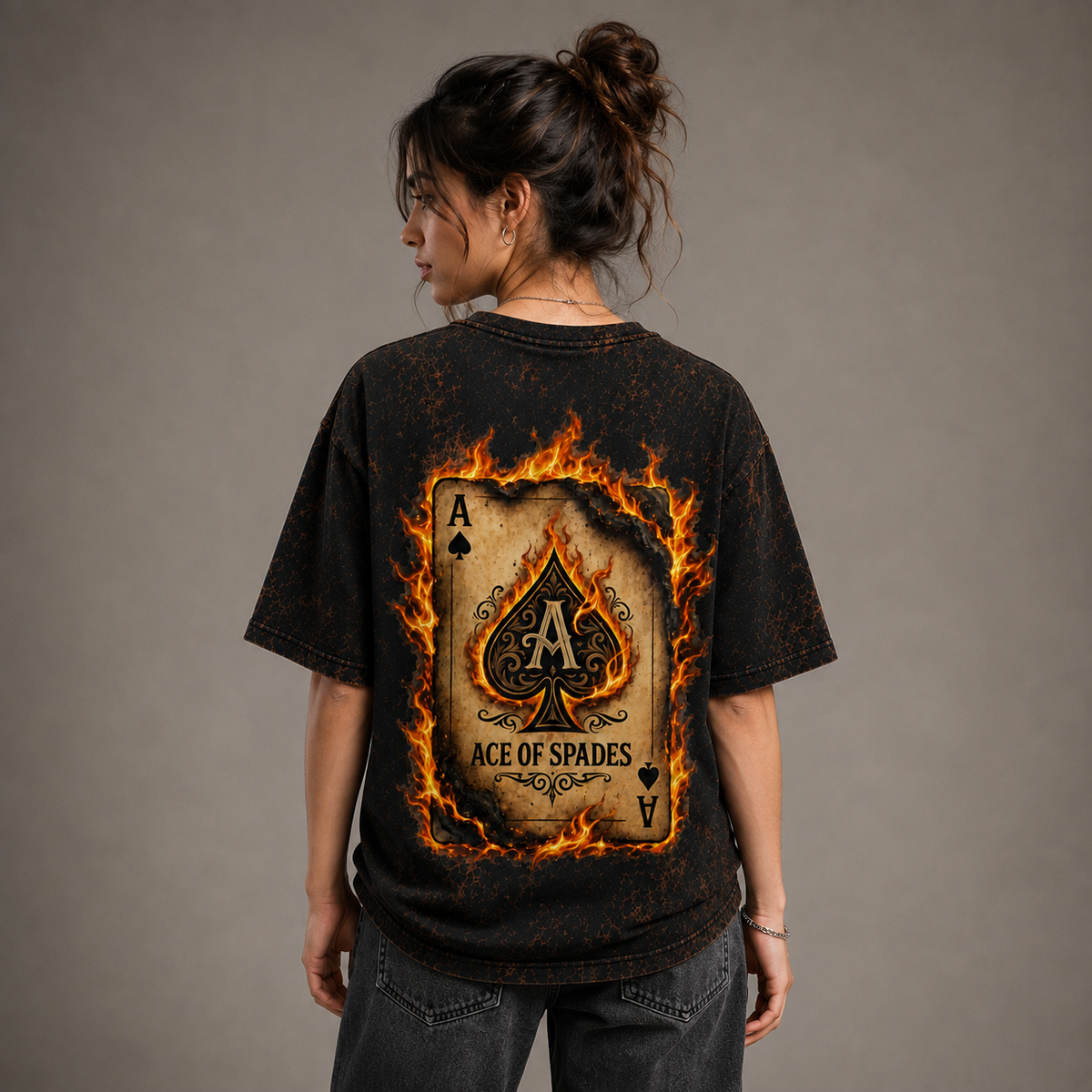 Flaming Ace of Spades Graphic, Premium Cotton Streetwear Casual Wear | Unisex Acid Wash Oversized T-Shirt