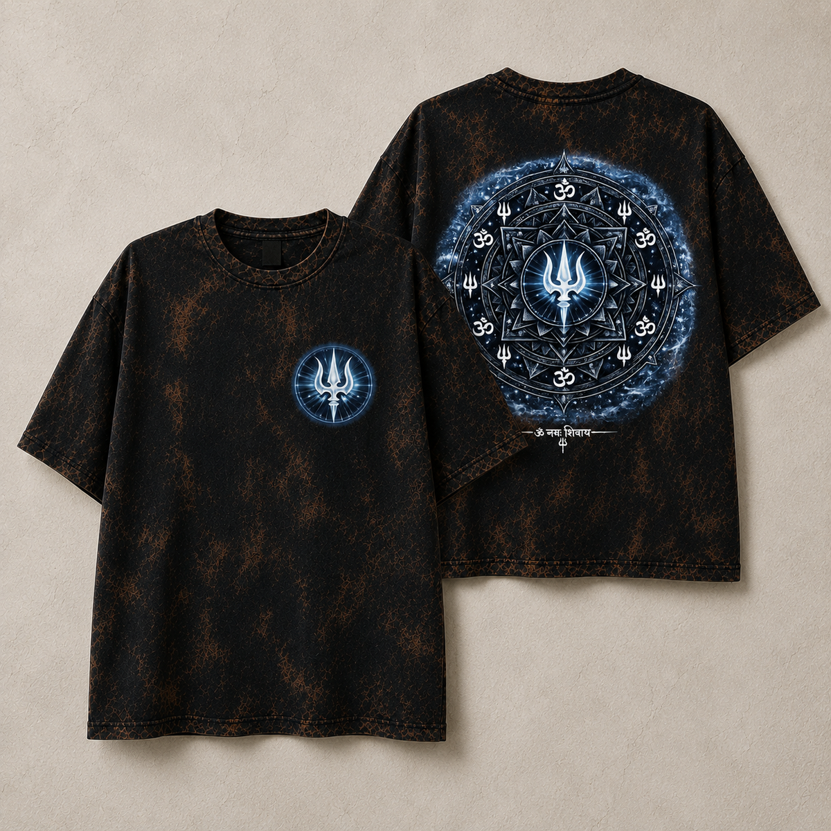 Acid Wash | Mahadev Trishul Front & Back Printed T-Shirt – Spiritual Shiva Graphic Tee, Premium Cotton Unisex Oversized AcidWash Tshirt, Black Round Neck Devotional T-Shirt
