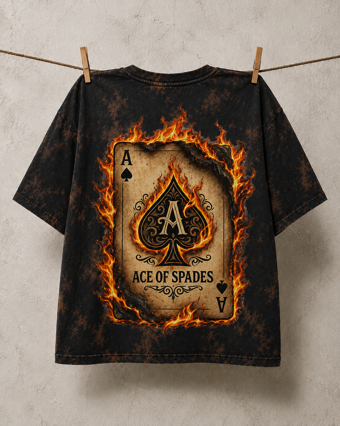 Flaming Ace of Spades Graphic, Premium Cotton Streetwear Casual Wear | Unisex Acid Wash Oversized T-Shirt