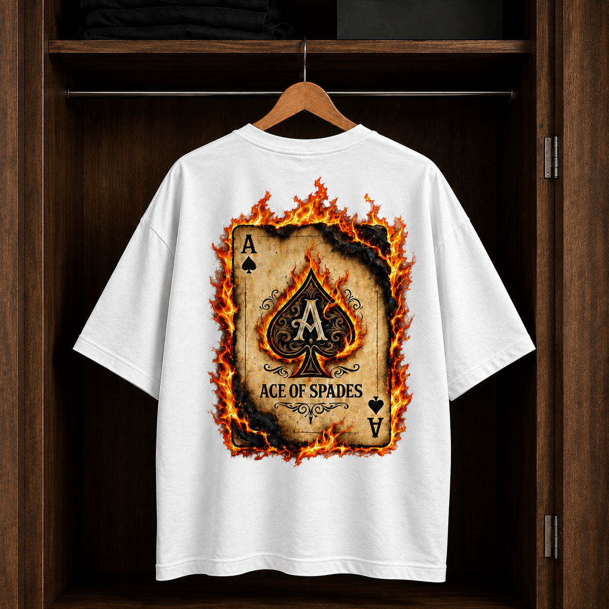 Flaming Ace of Spades Graphic, Premium Cotton Streetwear Casual Wear | Unisex White Oversized T-Shirt