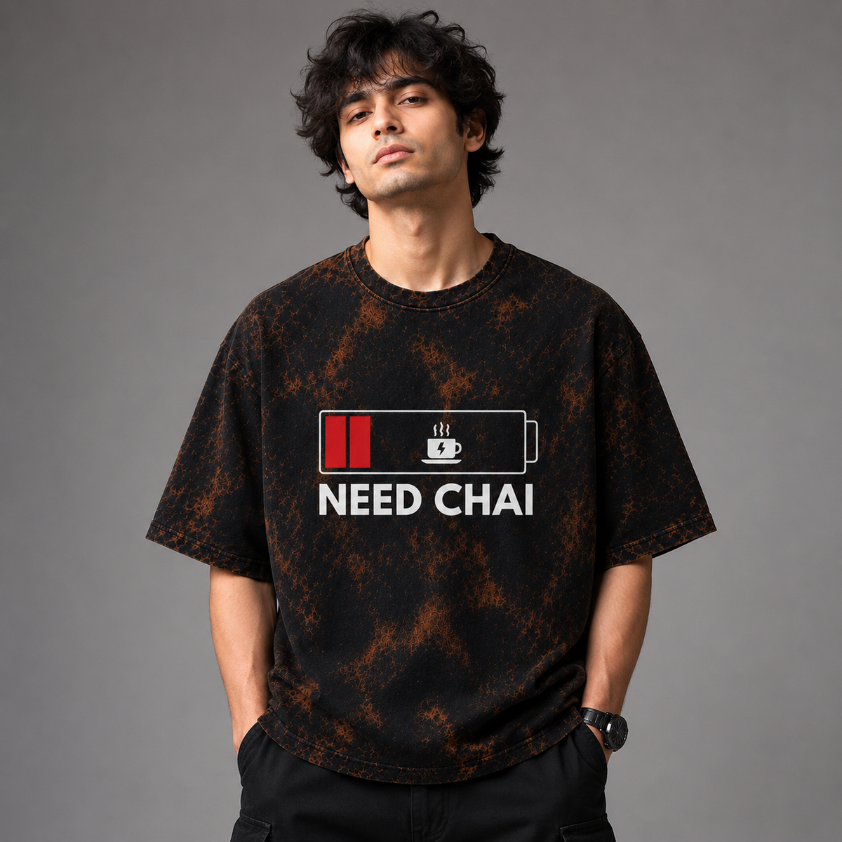 Need Chai Battery Graphic Acid Wash T-Shirt – Funny Coffee & Tea Lover Unisex Tee