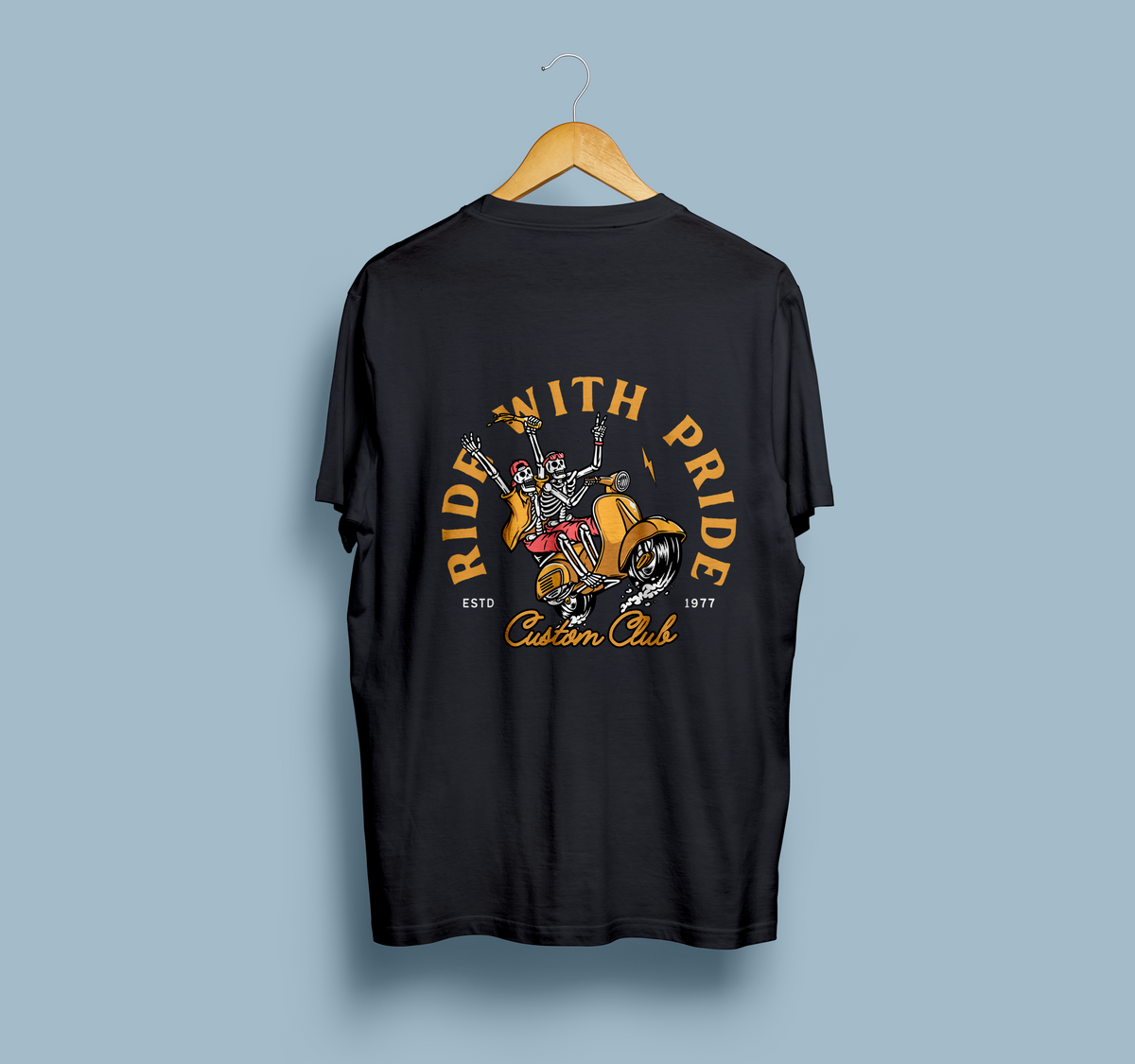 Ride With Pride Custom Club Printed T-Shirt – Skeleton Biker Graphic Tee, Premium Cotton Unisex Motorcycle Shirt, Front & Back Print Streetwear, Stylish Black Round Neck T-Shirt
