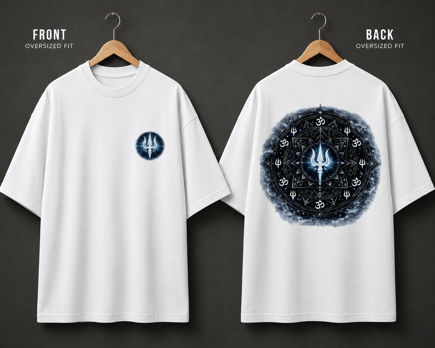 Mahadev Trishul Front & Back Printed T-Shirt – Spiritual Shiva Graphic Tee, Premium Cotton Unisex Oversized Streetwear, White Round Neck Devotional T-Shirt