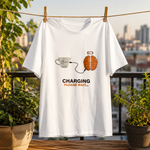 Charging Please Wait Graphic Printed White T-Shirt for Men & Women – Funny Coffee Brain Design Round Neck Half Sleeves Casual Cotton Tee Unisex Statement Top