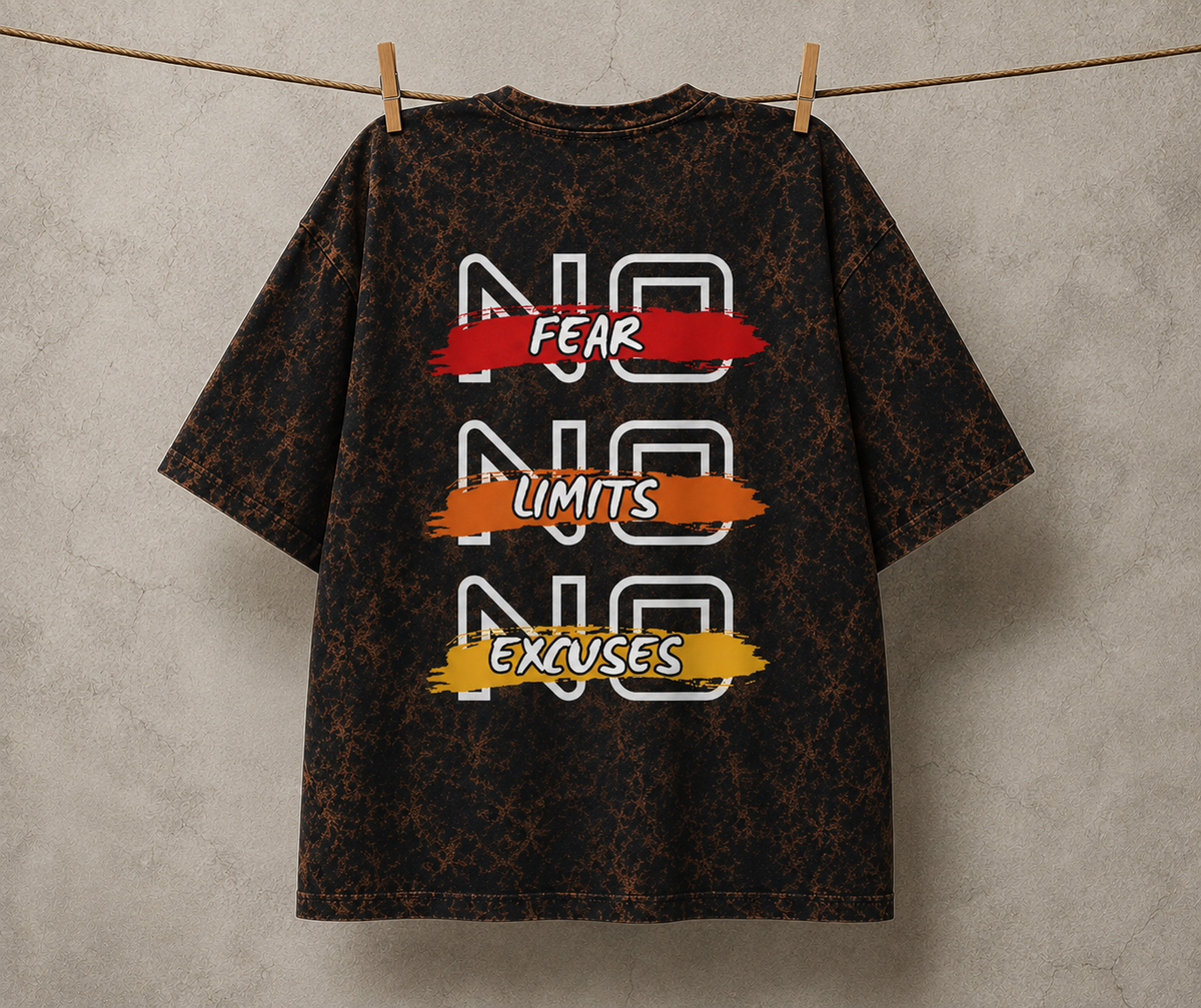 No Fear No Limits No Excuses Oversized Acid Wash T-Shirt for Men | Streetwear Graphic Tee