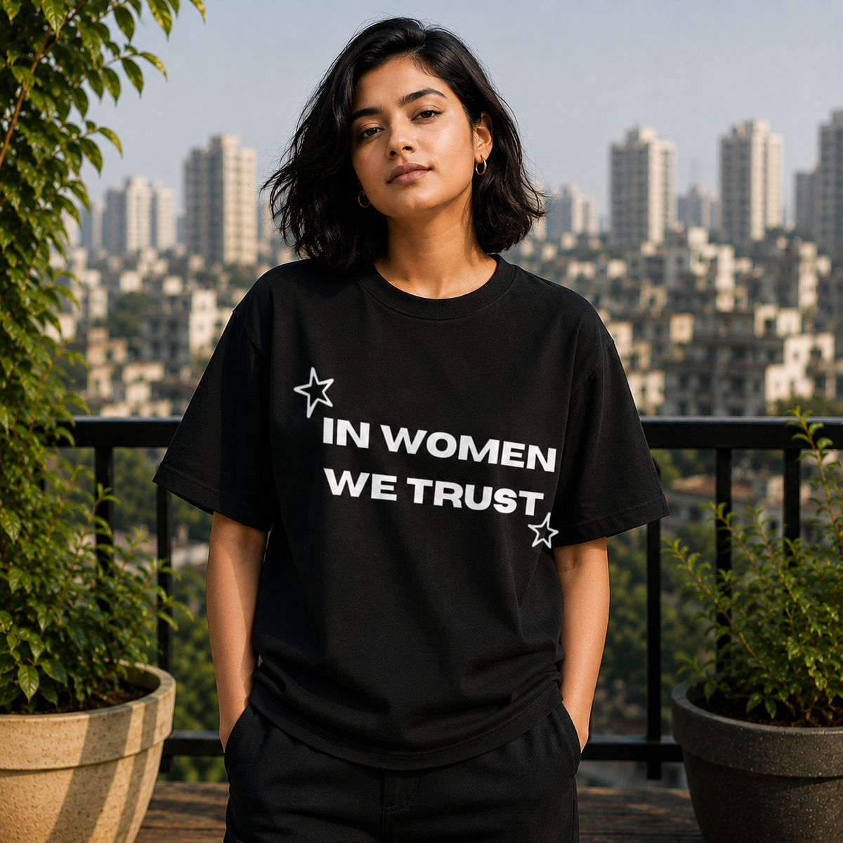 In Women We Trust Printed White T-Shirt for Men & Women – Feminist Statement Graphic Round Neck Half Sleeves Cotton Casual Unisex Empowerment Tee