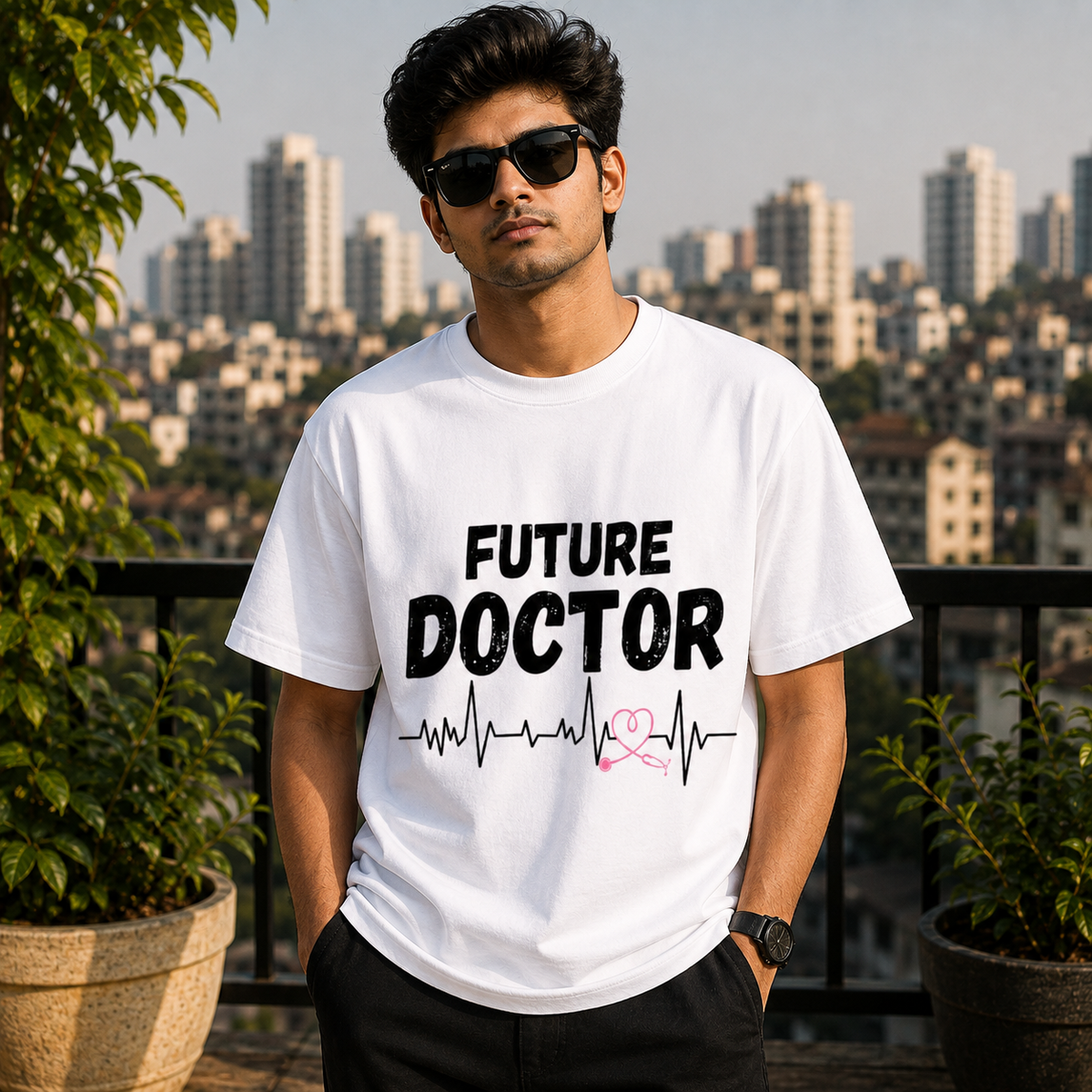 Future Doctor Graphic Printed White T-Shirt for Men & Women – Medical Student Heartbeat Stethoscope Design Round Neck Half Sleeves Cotton Casual Tee