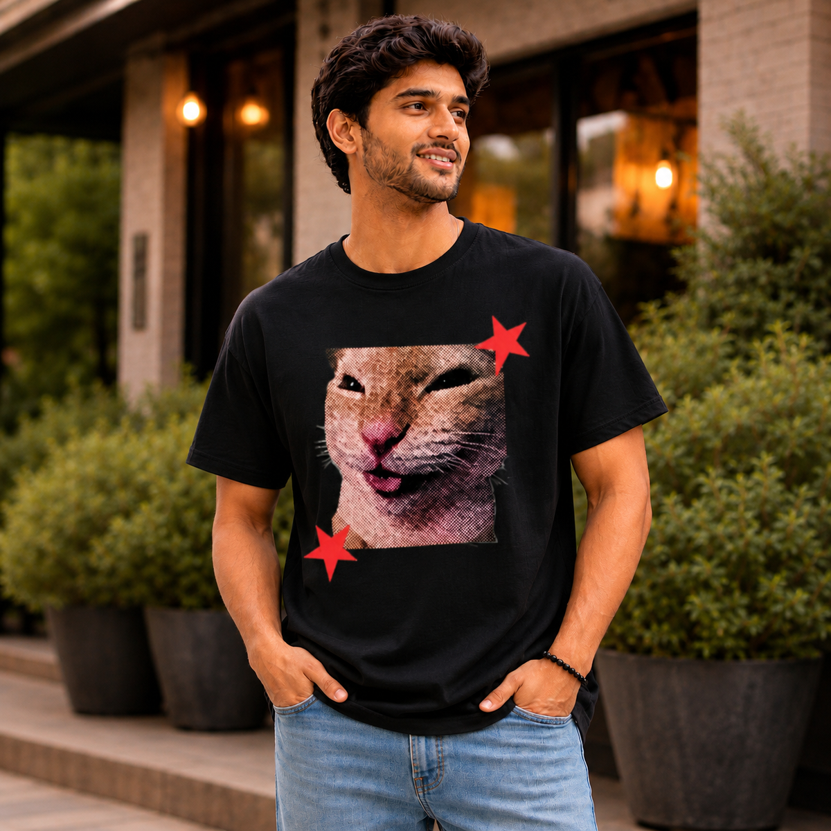 Funny Cat Graphic Printed White T-Shirt for Men & Women – Cute Meme Cat Face Design Round Neck Half Sleeves Cotton Casual Streetwear Unisex Tee