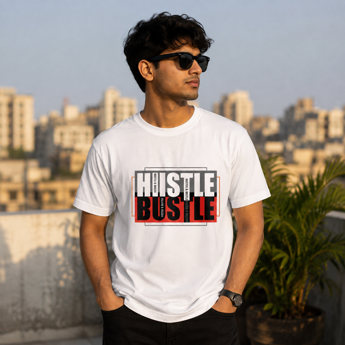 Hustle Bustle Graphic T-Shirt for Men & Women, Motivational Streetwear Tee, Casual Cotton Printed T Shirt, Trendy Typography Design Shirt, Stylish Everyday Wear Clothing