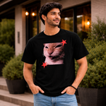 Funny Cat Graphic Printed Black T-Shirt for Men & Women – Cute Meme Cat Face Design Round Neck Half Sleeves Casual Streetwear Unisex Tee