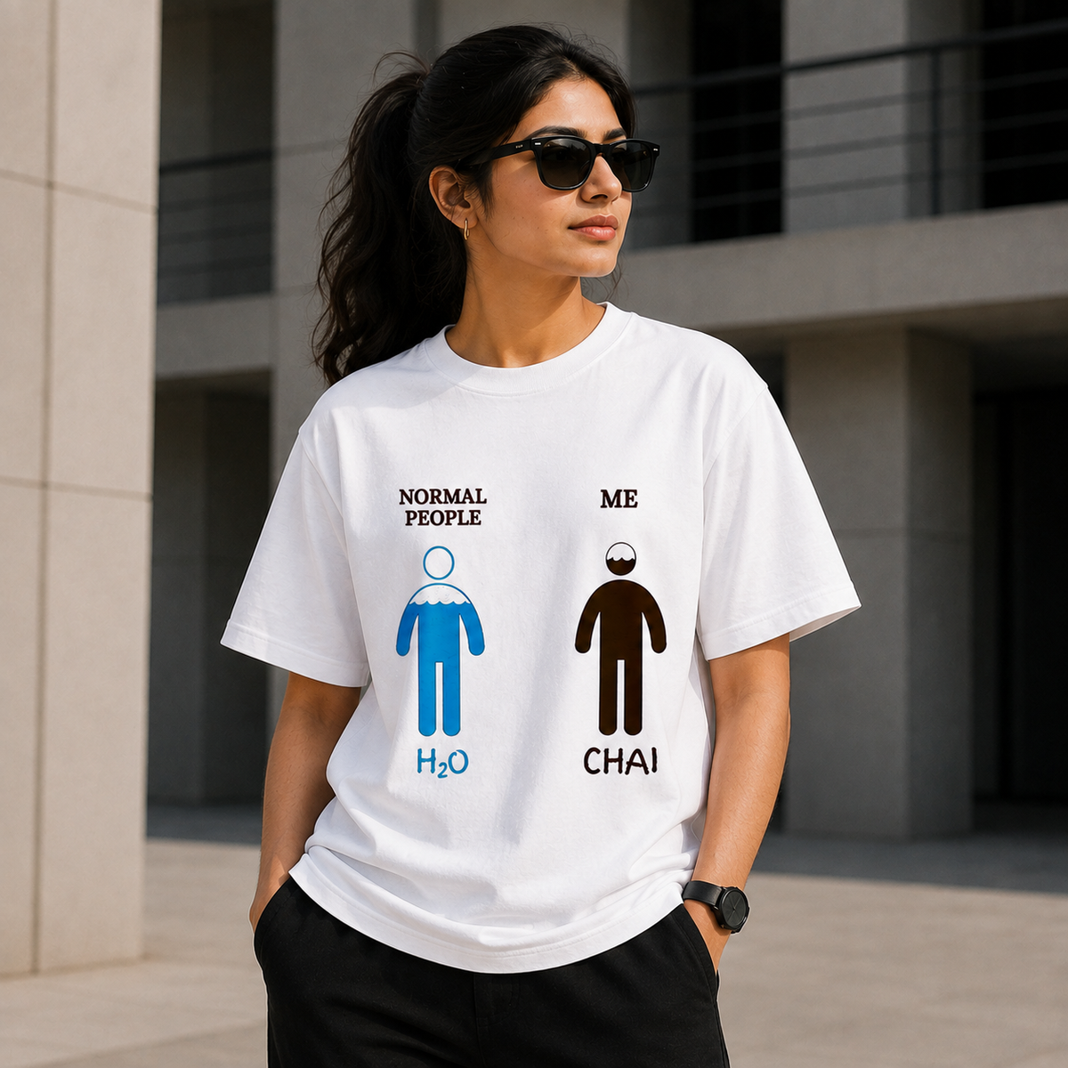 Funny Chai Lover Graphic Printed White T-Shirt for Men & Women – “Normal People H2O Me Chai” Humor Design Round Neck Half Sleeves Cotton Casual Tee