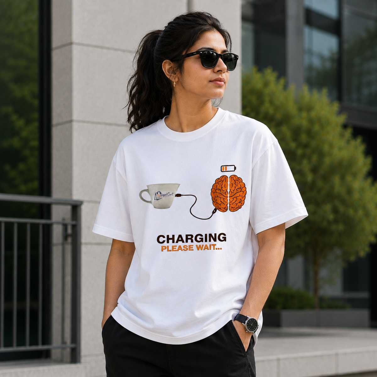 Charging Please Wait Graphic Printed White T-Shirt for Men & Women – Funny Coffee Brain Design Round Neck Half Sleeves Casual Cotton Tee Unisex Statement Top