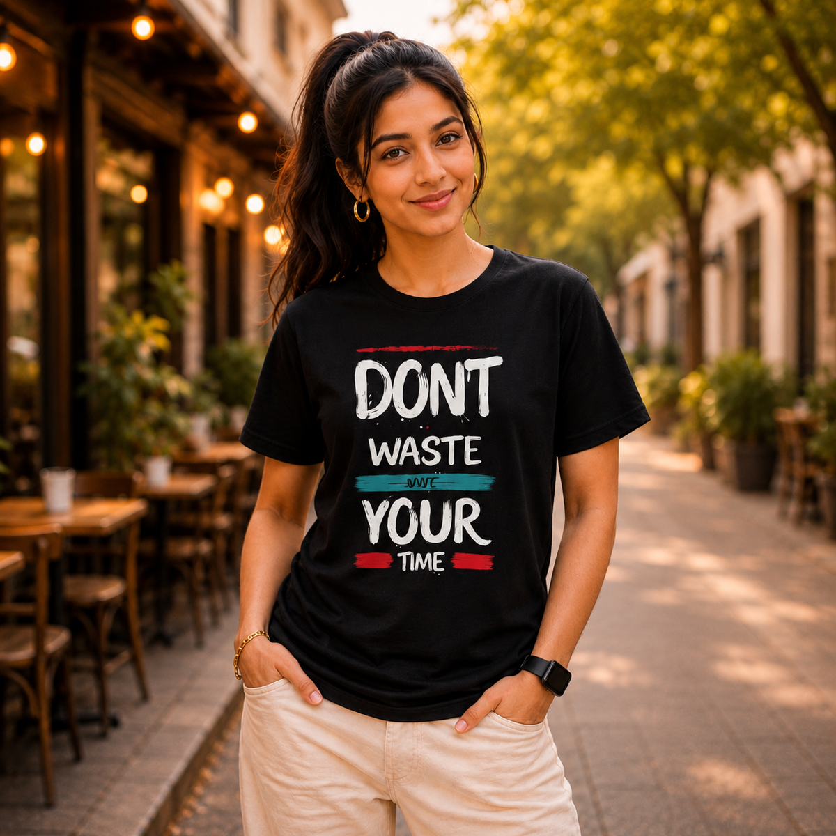 Don’t Waste Your Time Motivational T-Shirt for Men & Women, Inspirational Graphic Printed Cotton Tee, Trendy Typography Casual Wear Shirt, Stylish Black Streetwear Outfit