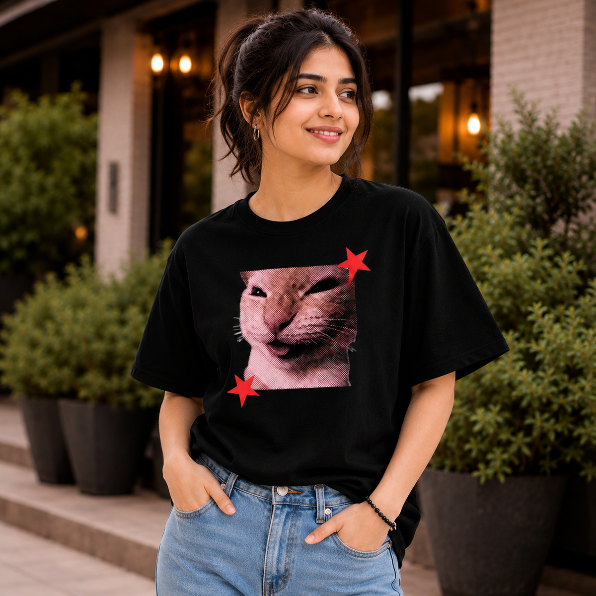Funny Cat Graphic Printed White T-Shirt for Men & Women – Cute Meme Cat Face Design Round Neck Half Sleeves Cotton Casual Streetwear Unisex Tee