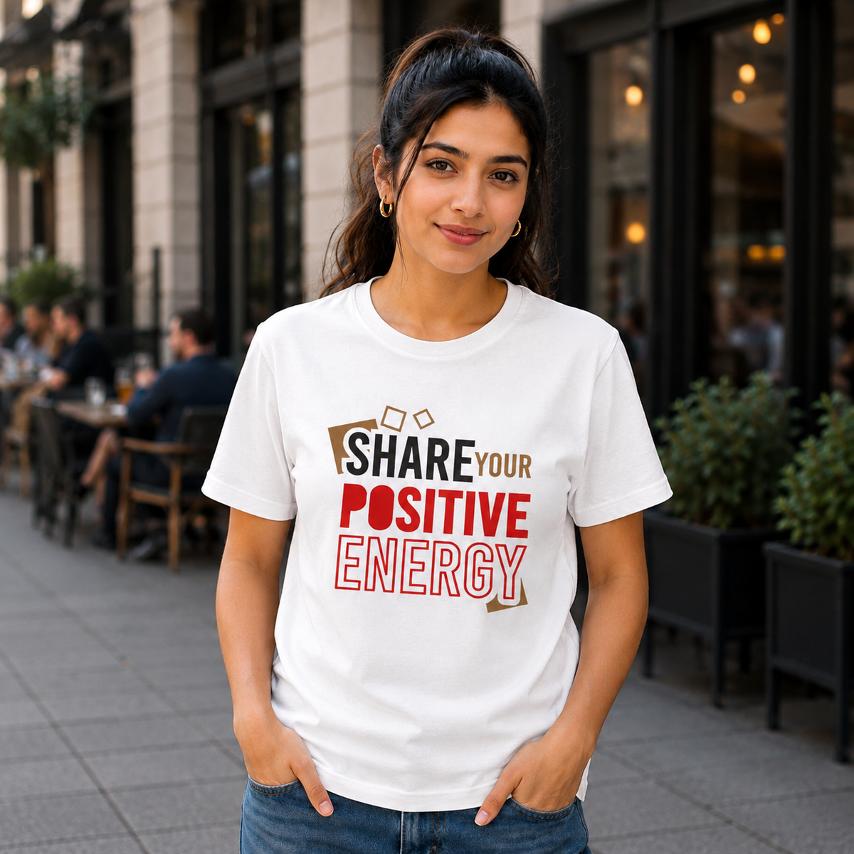 Share Your Positive Energy Printed T-Shirt – Motivational Graphic Tee, Premium Cotton Unisex Casual Wear, Inspirational Quote Shirt, Trendy White Round Neck T-Shirt