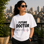 Future Doctor Graphic Printed White T-Shirt for Men & Women – Medical Student Heartbeat Stethoscope Design Round Neck Half Sleeves Cotton Casual Tee