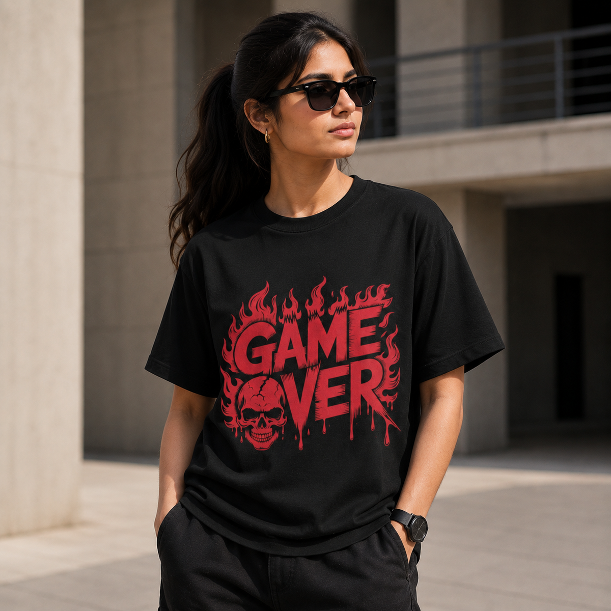 Game Over Skull Graphic Printed Black T-Shirt for Men & Women – Gothic Gamer Horror Design Round Neck Half Sleeves Cotton Casual Streetwear Unisex Tee