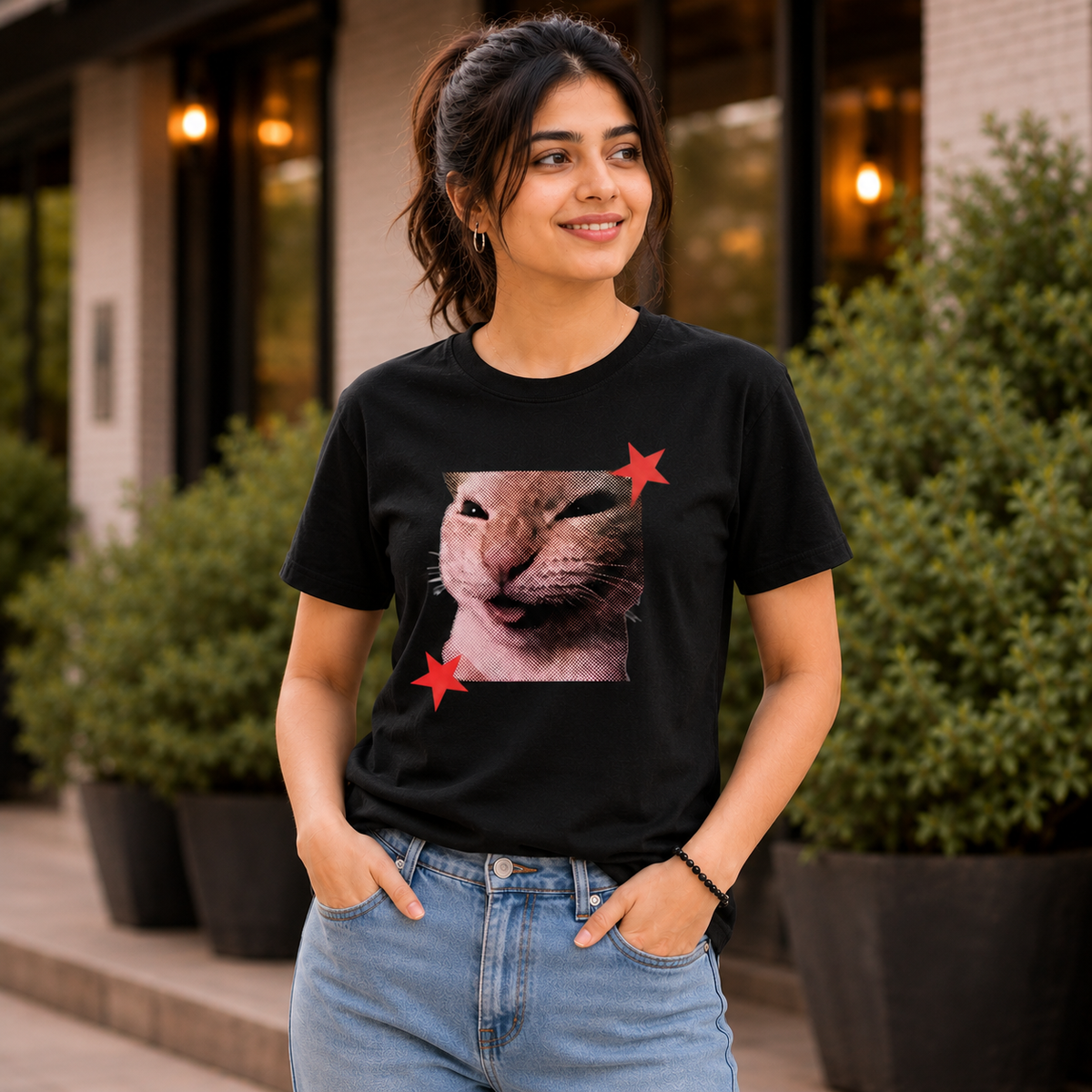 Funny Cat Graphic Printed Black T-Shirt for Men & Women – Cute Meme Cat Face Design Round Neck Half Sleeves Casual Streetwear Unisex Tee