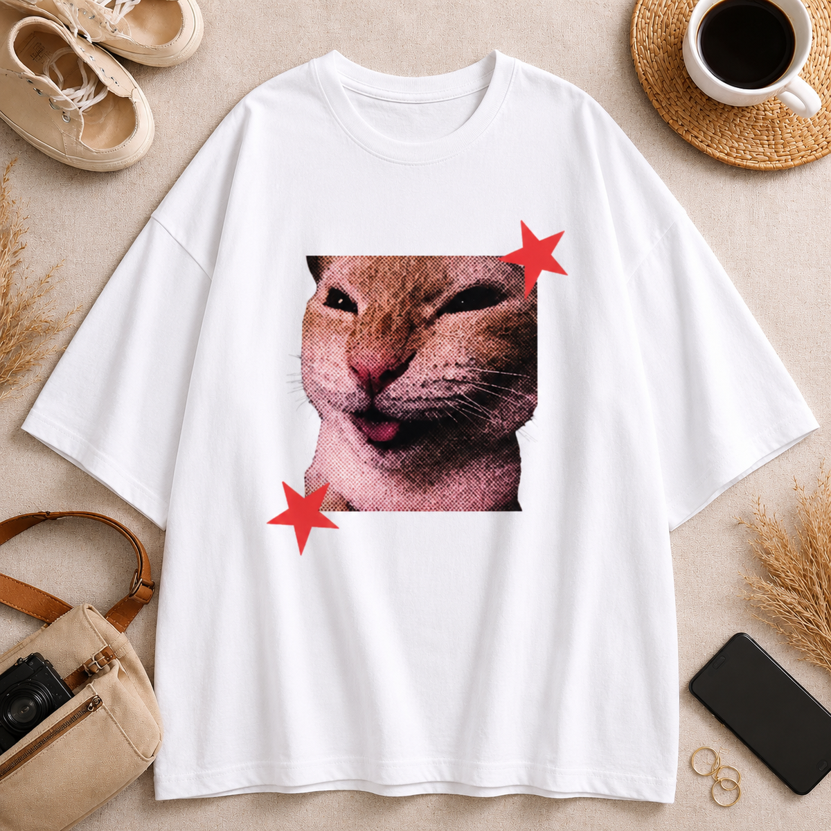 Funny Cat Graphic Printed White T-Shirt for Men & Women – Cute Meme Cat Face Design Round Neck Half Sleeves Cotton Casual Streetwear Unisex Tee