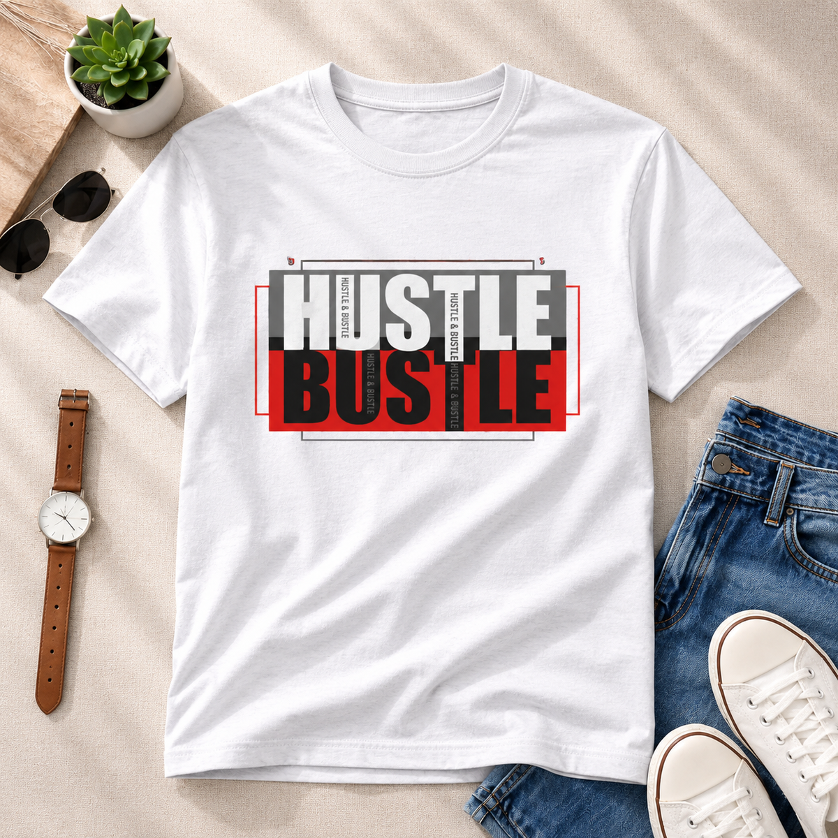 Hustle Bustle Graphic T-Shirt for Men & Women, Motivational Streetwear Tee, Casual Cotton Printed T Shirt, Trendy Typography Design Shirt, Stylish Everyday Wear Clothing