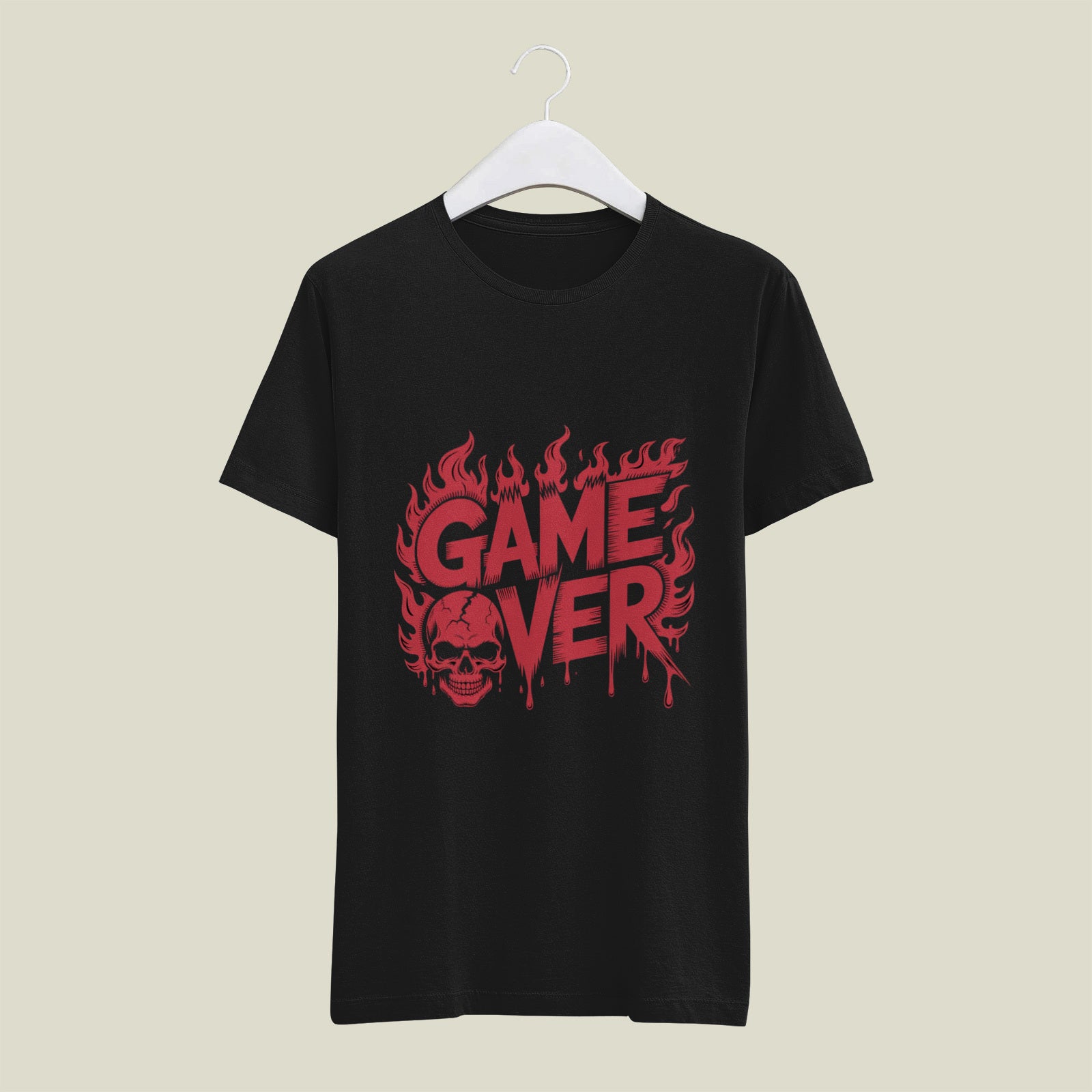 Game Over Skull Graphic Printed Black T-Shirt for Men & Women – Gothic Gamer Horror Design Round Neck Half Sleeves Cotton Casual Streetwear Unisex Tee